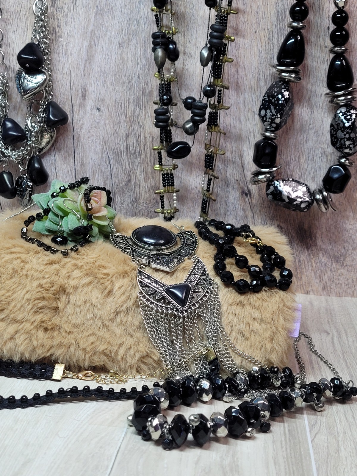 Lot 10 Black Themed Necklaces Earring Set Grab Bag Wearable Costume