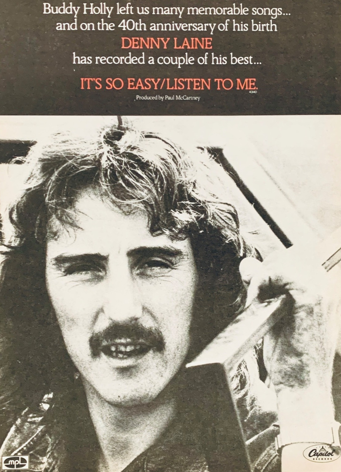 DENNY LAINE vintage 1976 POSTER ADVERT IT'S SO EASY Wings BUDDY HOLLY