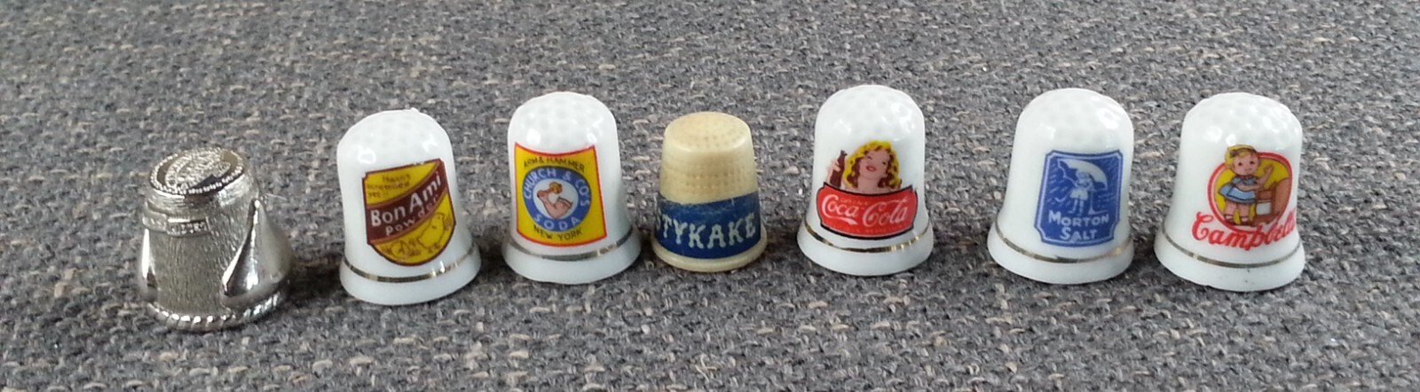 7pc Hersey Tastykake Thimble Lot Mortons Salt Campbells Coca Cola Arm & Hammer