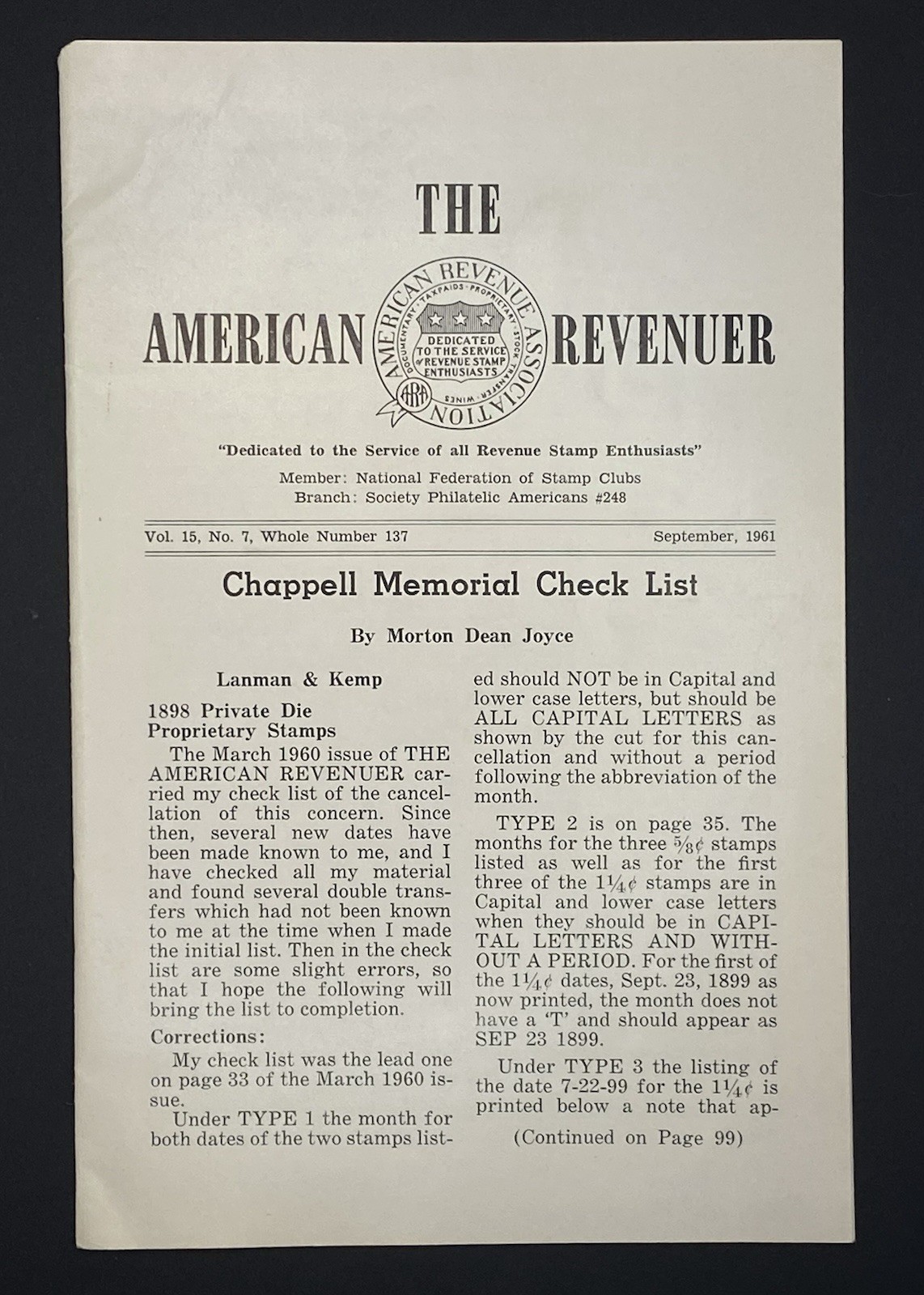 The American Revenuer Volume 15 No 7 Whole No 137 September 1961 Stamp Ephemera