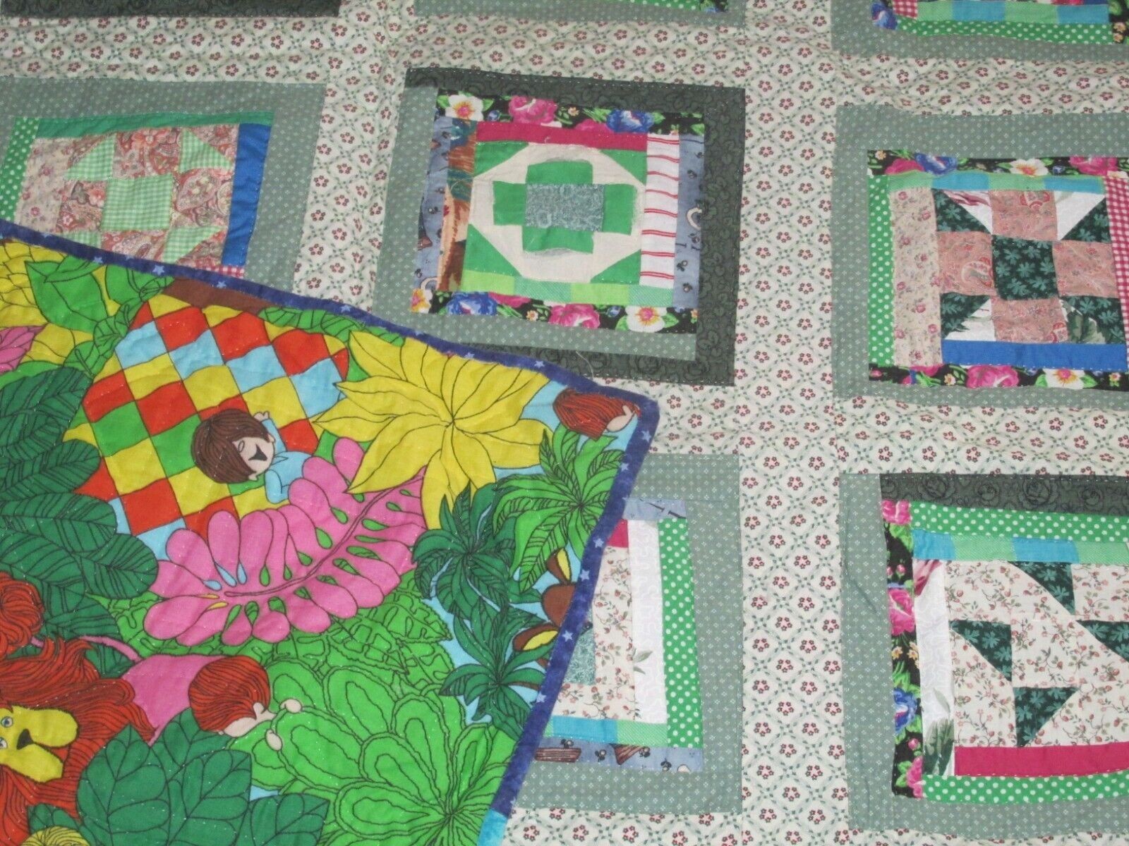 Patchwork Baby Crib Quilt Reverses to Colorful Jungle Print 43" by 42" Vintage