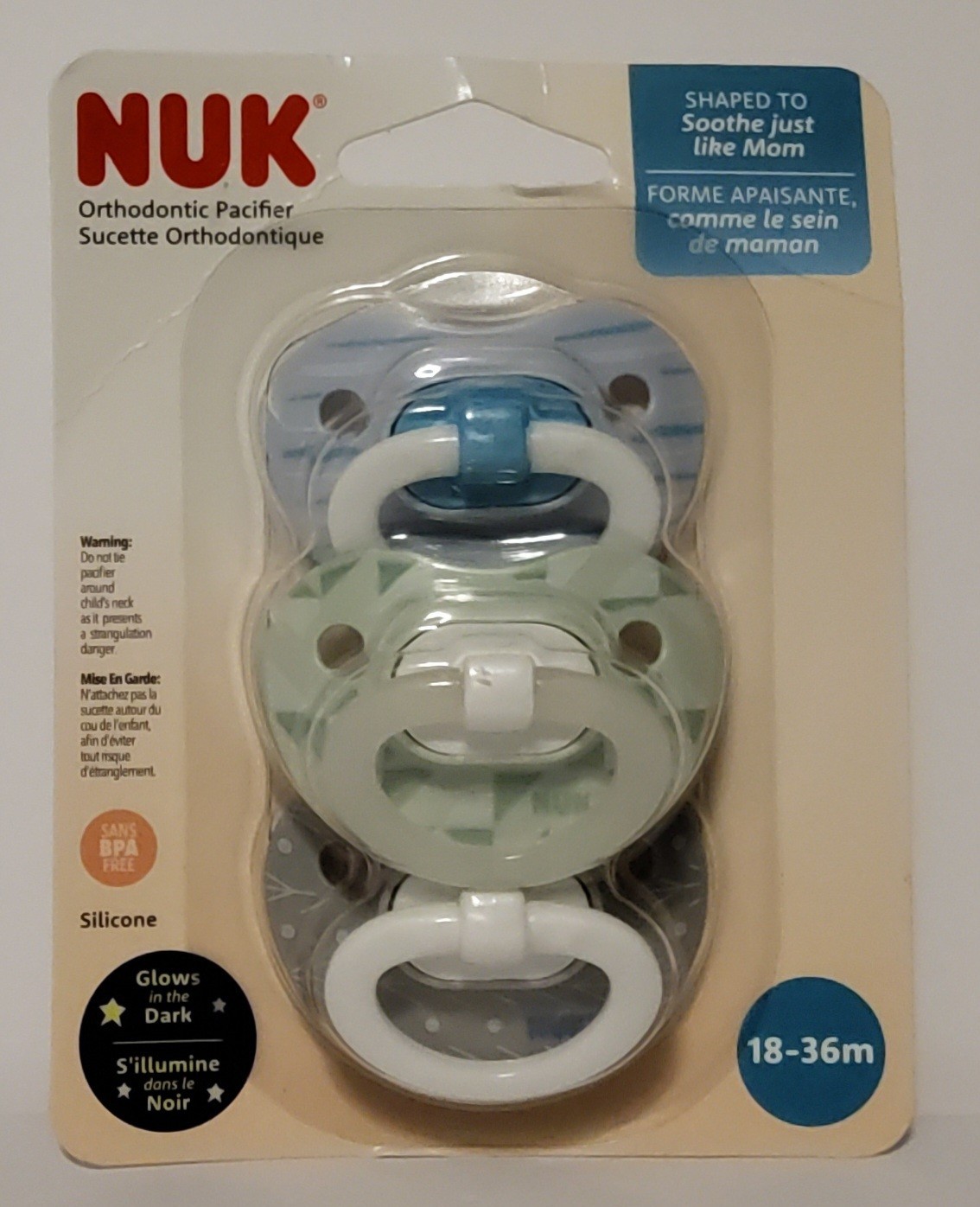 NUK 3-Pack Orthodontic Pacifiers 18-36 Months, Neutral Colors Glow-in-the-Dark