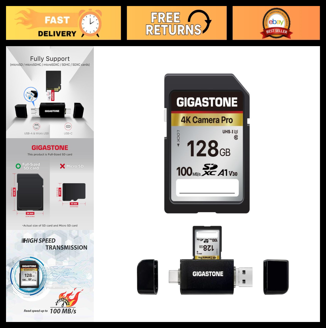 128GB SD Card with USB Type C Reader, 4K A1 V30 U3 Memory Card + Mini Case