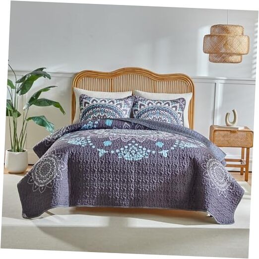 Boho Quilt Set Queen Size - Reversible Bohemian Quilt Queen 90*90 Gray-purple