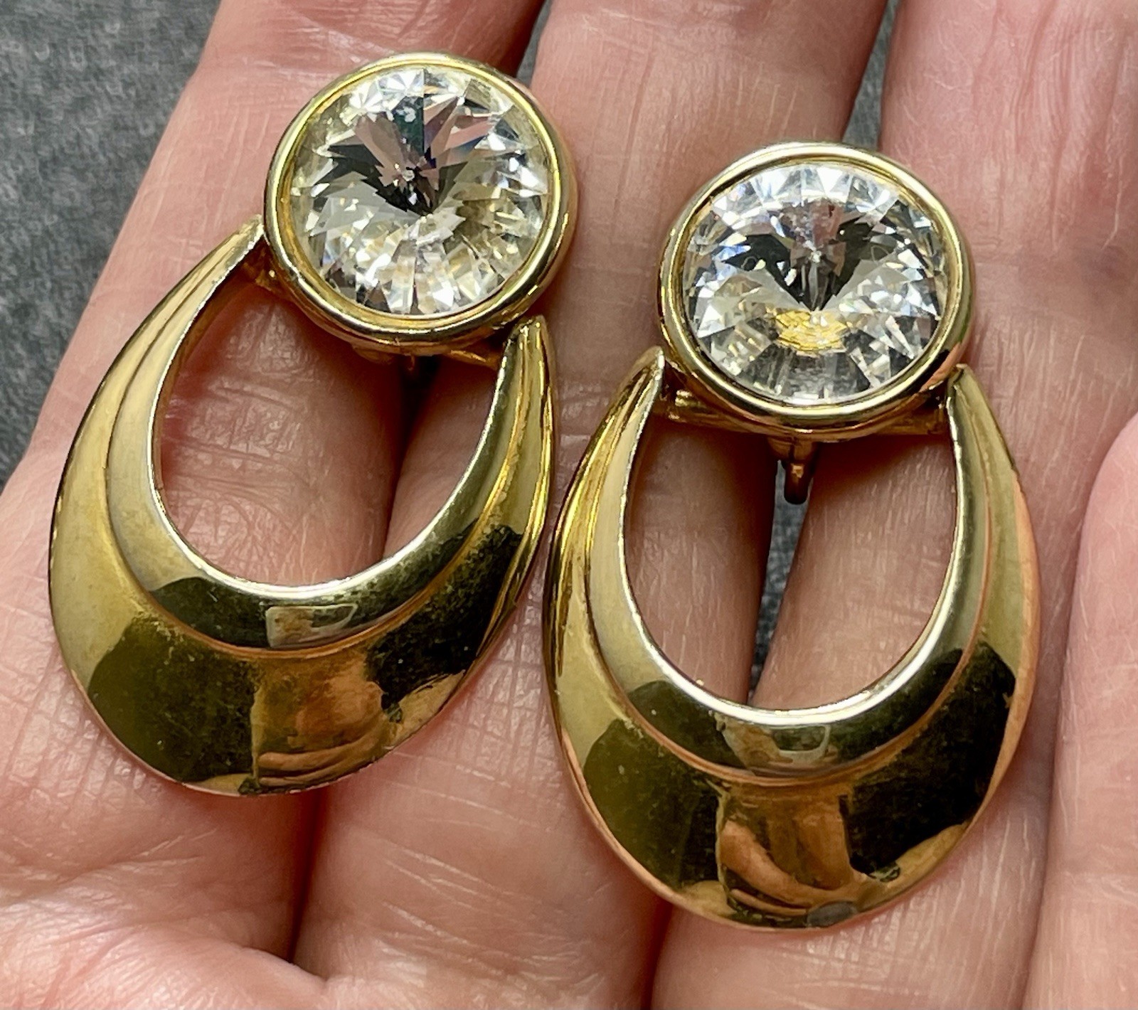 Vintage 1.5” Large Crystal Rhinestone Door Knocker Gold Tone Clip Earrings