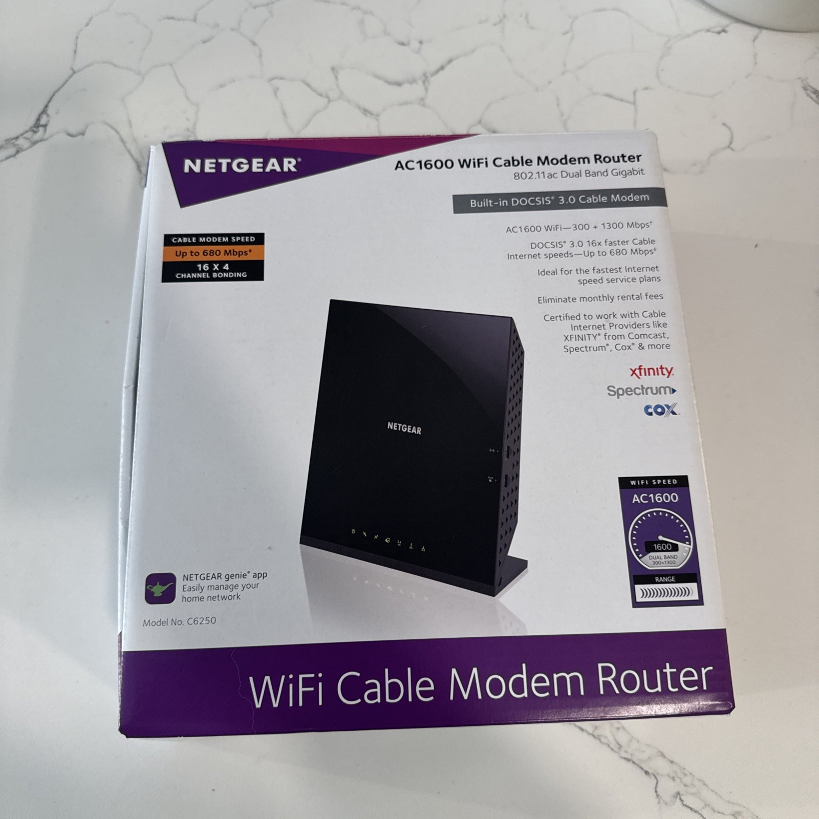 NETGEAR AC1600 WiFi Cable Modem Router C6250-100NAS DOCSIS 3.0 Dual-Band Gigabit
