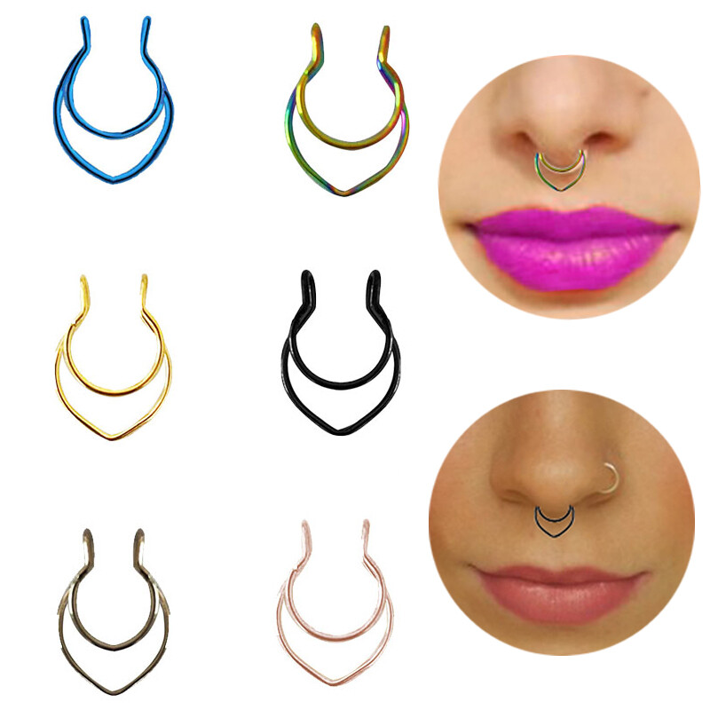 STAINLESS STEEL NO-PIERCING SEPTUM CLICKER FAKE NOSE HOOP RING FAUX CLIP ON Stud
