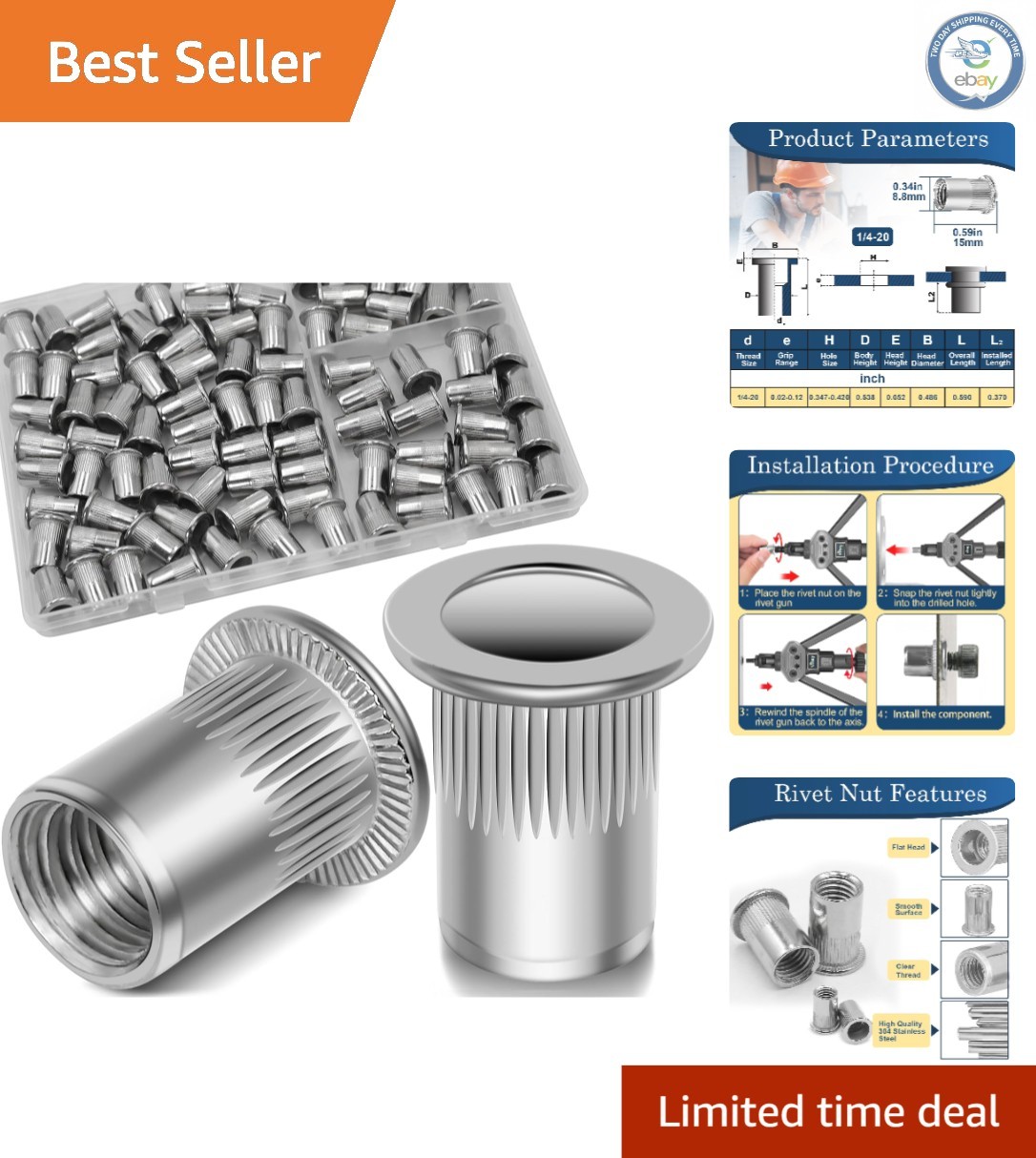 Versatile 1/4''-20 UNC Stainless Steel Rivet Nuts, 88 Pcs for Easy Fastening