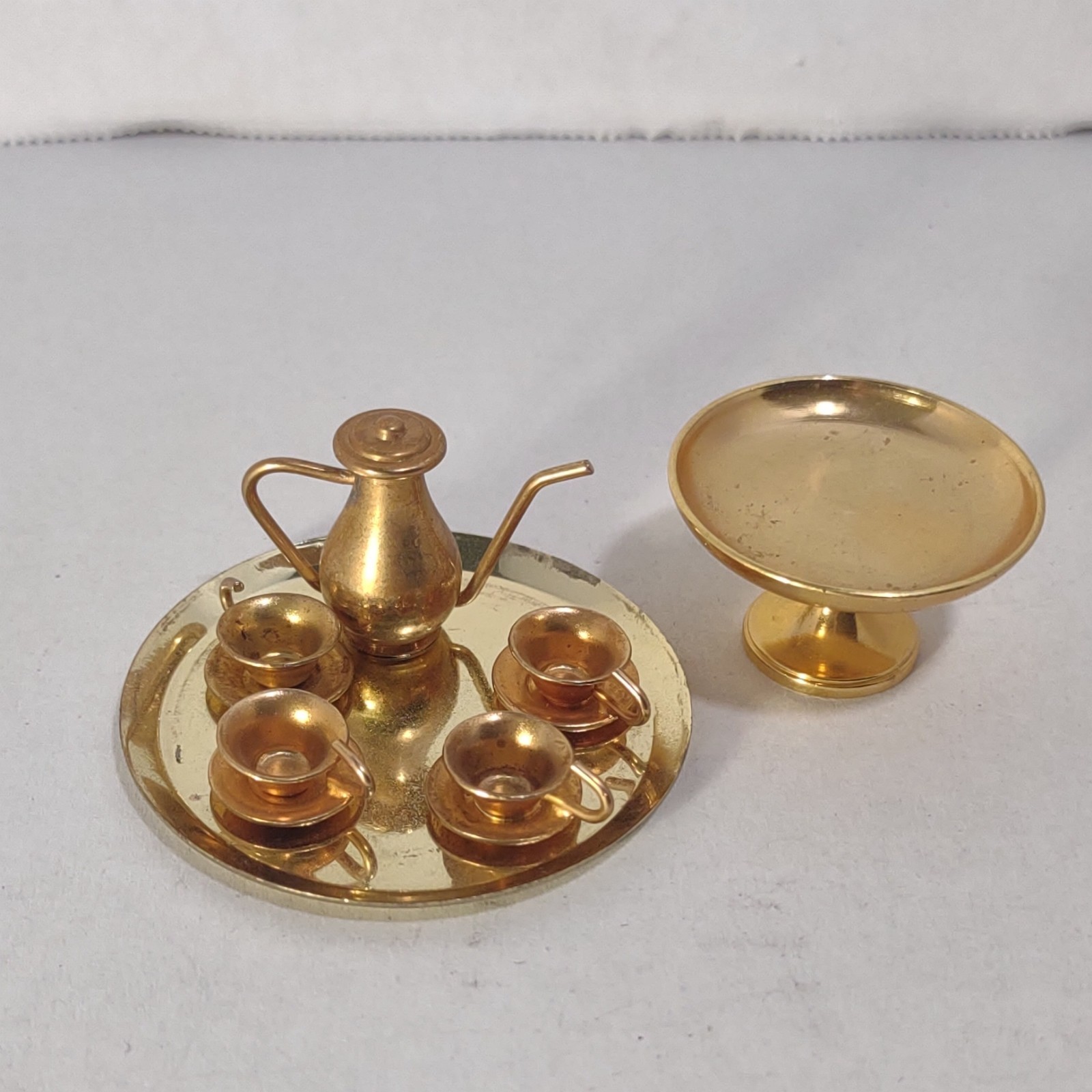 Vintage Miniature Doll House Tea Coffee Set Gold Color Pot Cups Tray cake plate