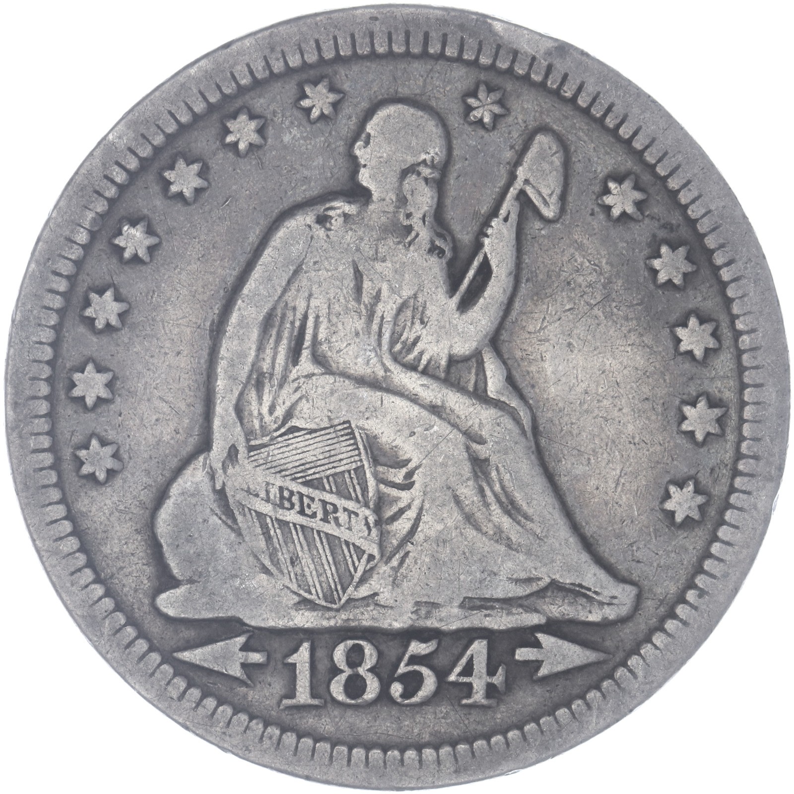 1854 (P) Seated Liberty Quarter 90% Silver Arrows Fine FN See Pics M556