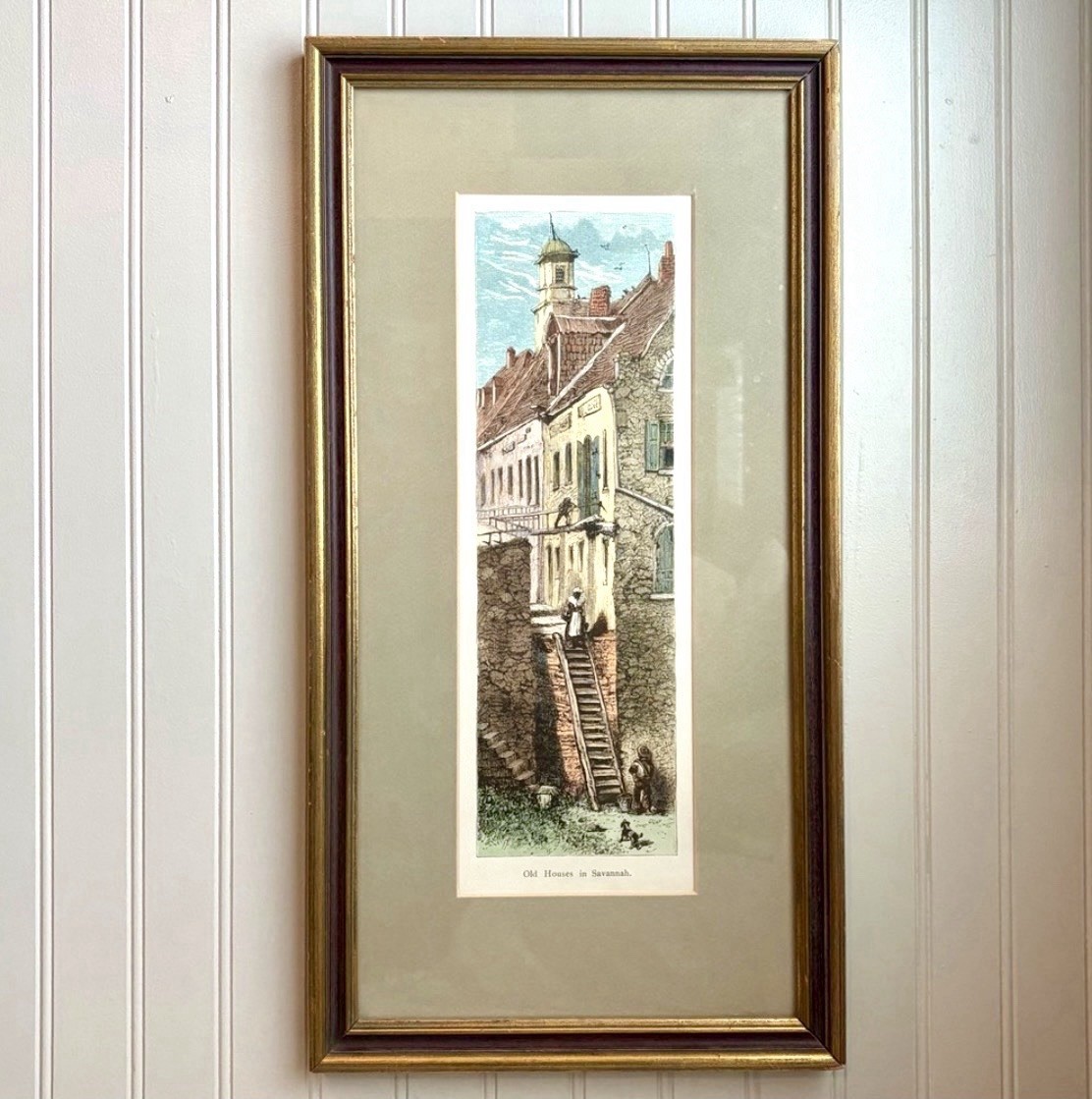 Vintage “Old Houses of Savannah” Hand-Colored Engraving Southern Art Historical