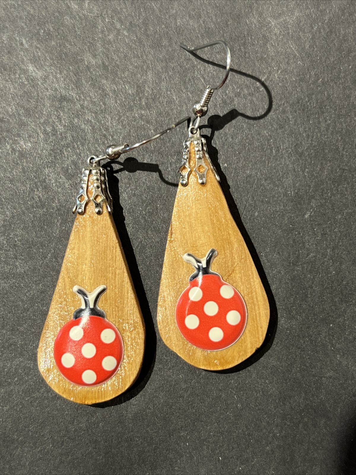 Ladybug Earrings Handmade Wood Teardrop Dangle Retro Kitschy 