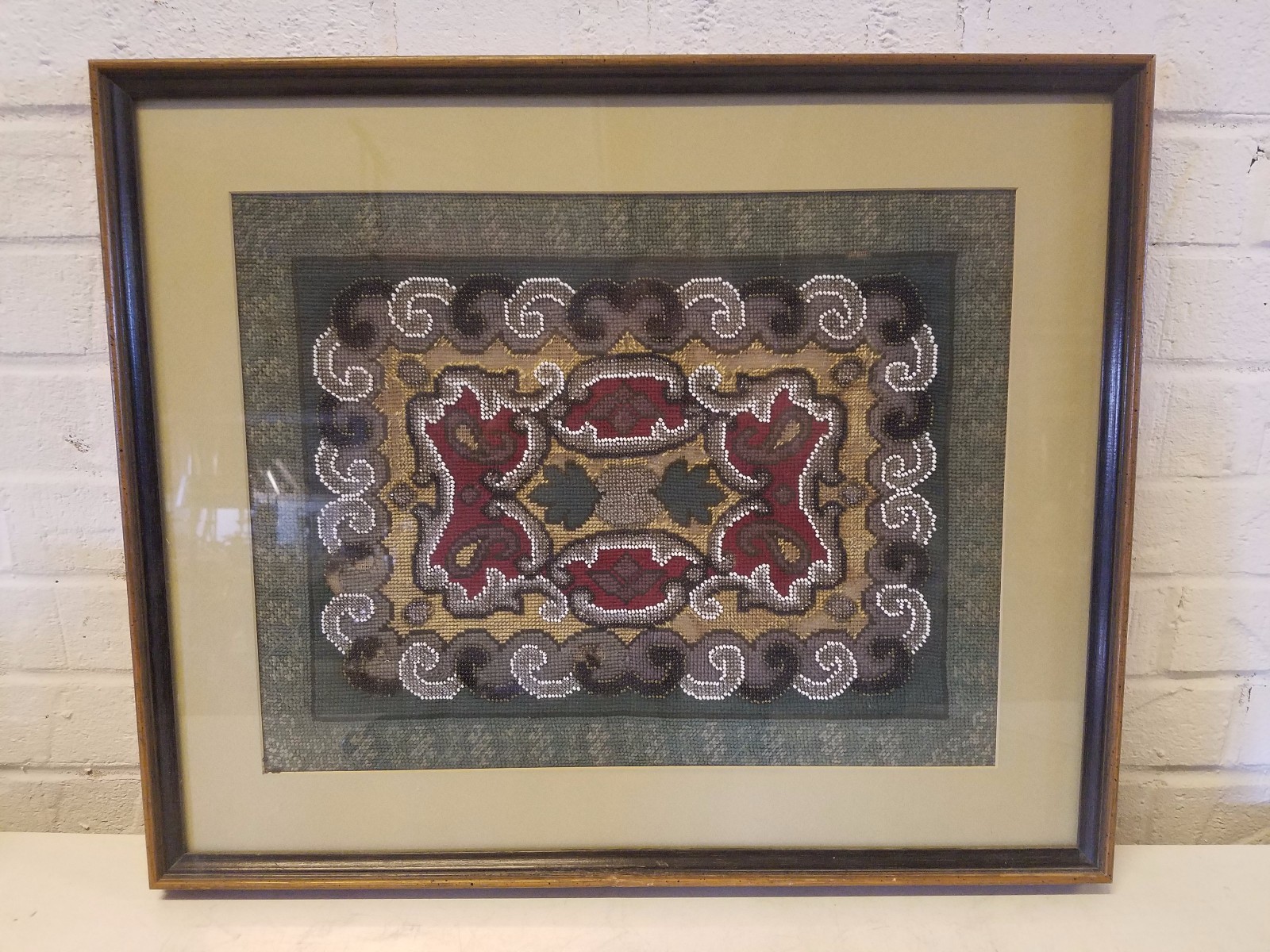 Antique Needlepoint and Bead Work Framed Tapestry