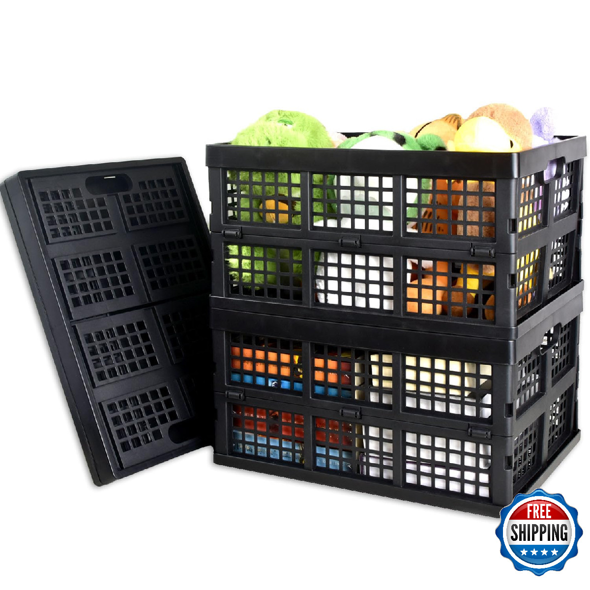 CONLI 3-Pack 34L Large Plastic Folding Storage Crates - Collapsible, Stackable