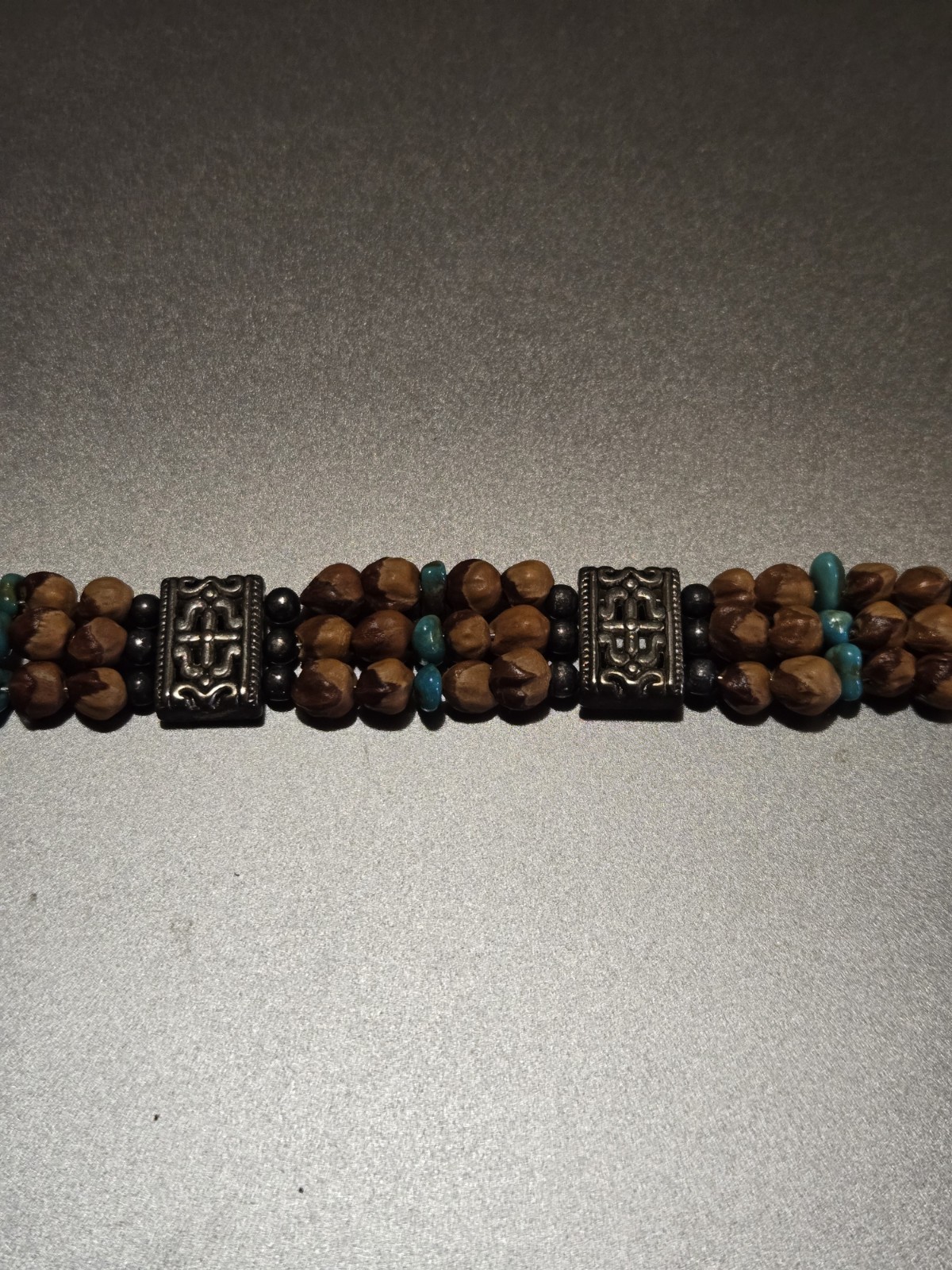 Handmade Beaded Charm Bracelet Wood Turquoise Metal Jewelry Lobster Clasp 8 Inch