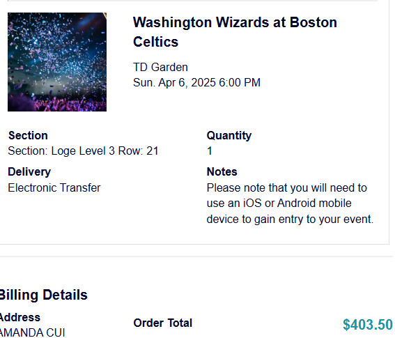 Basketball ticket in Boston