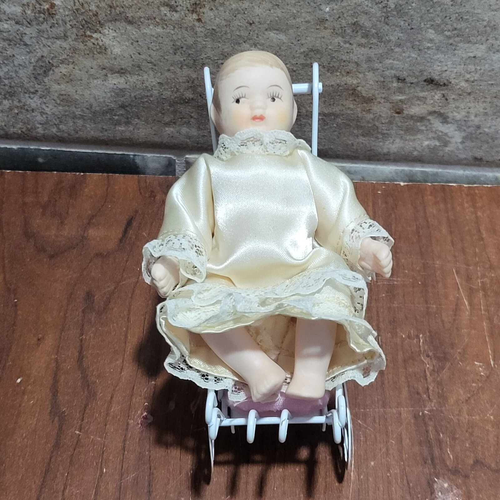 Vintage Miniature Porcelain Baby Doll Jointed White Stroller Carriage