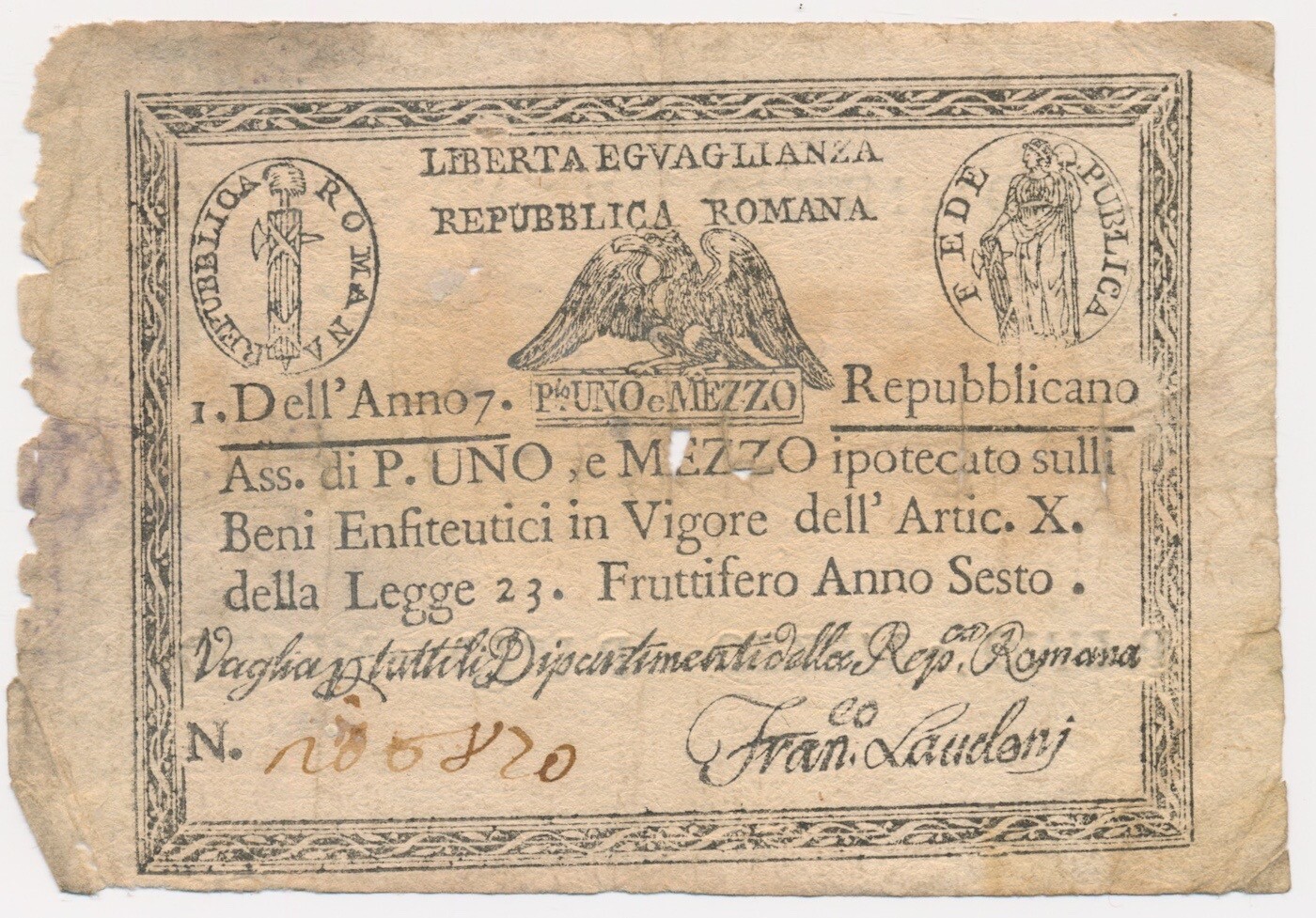 ITALIAN STATES (REPUBBLICA ROMANA) banknote 1 1/2 Paoli 1798 F+ Choice Fine