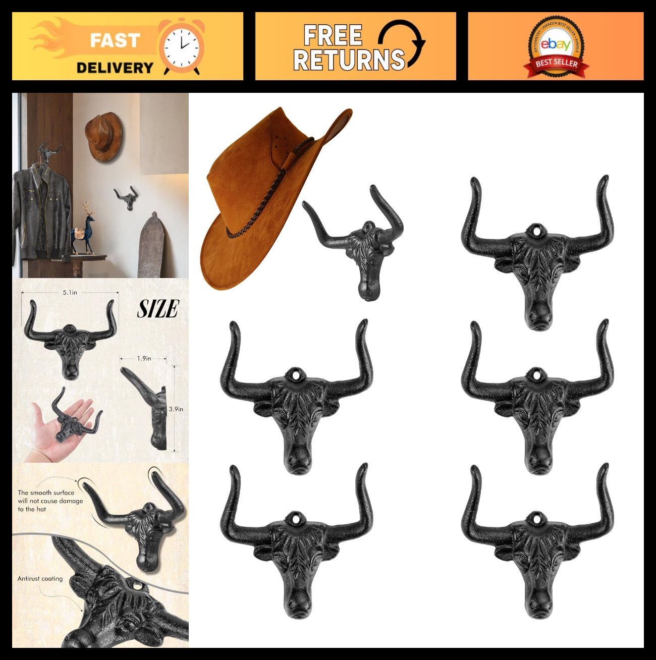 Wall-Mounted Cowboy Hat Rack - 6 Pack Metal Cast Iron Holder, Western Decor Hook