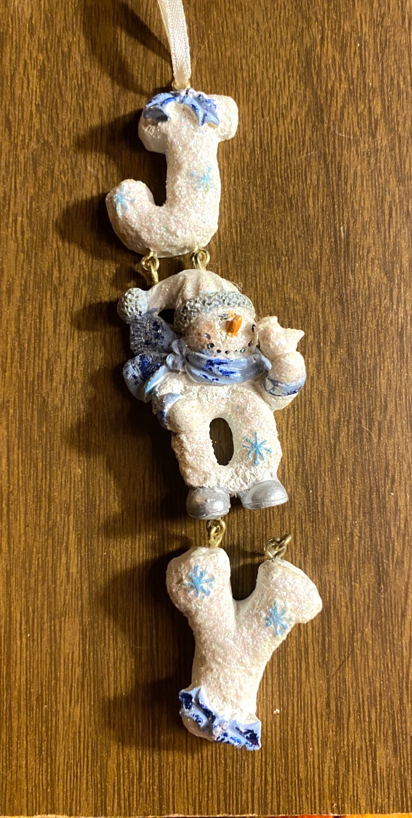 3 Stacking Snowman JOY Dangling Resin Blue White Christmas Ornament 5"