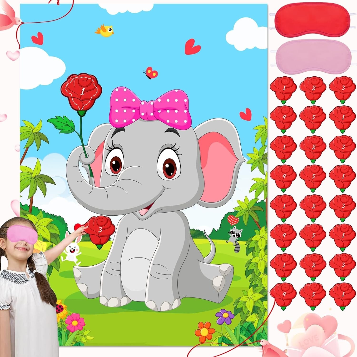 Fun Games for Kids Pin The Rose on The Elephant with 20pcs Reusable Stickers