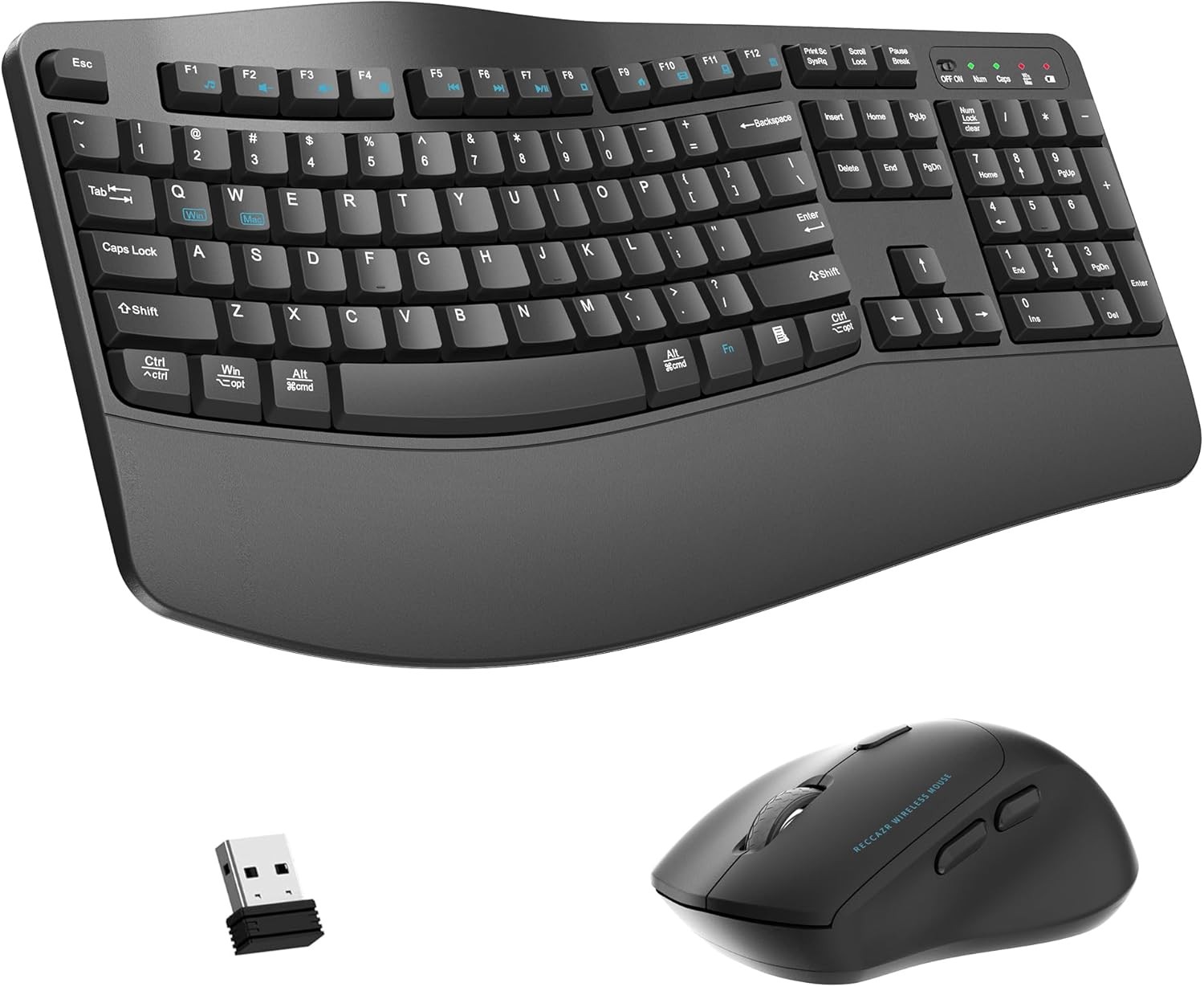 Wireless Keyboard and Mouse Combo, 2.4G Wave Keys Ergonomic Keyboard with Wri...