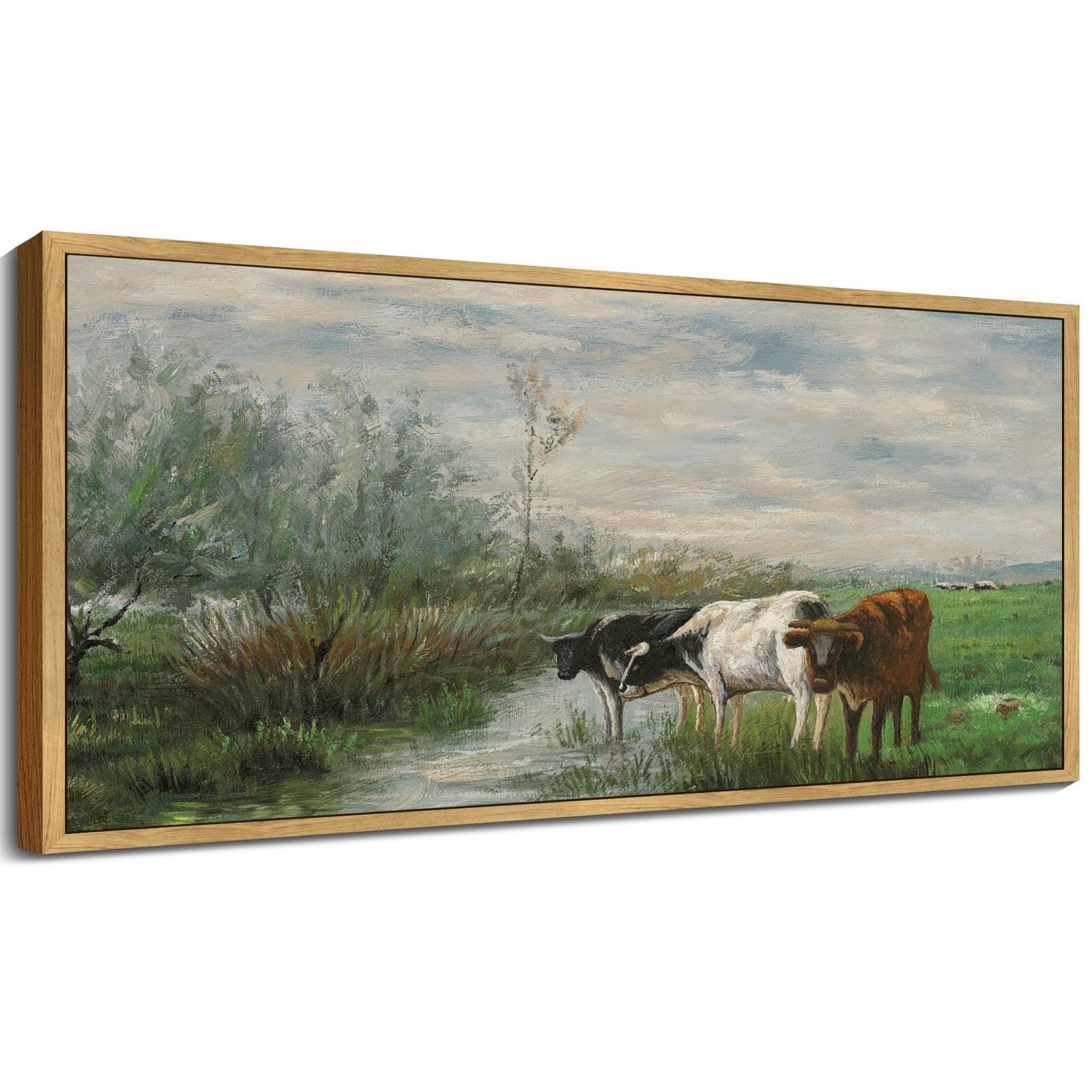 SHENIFY Vintage Framed Wall Art Cow Farm Landscape Painting Retro Meadow Scen...