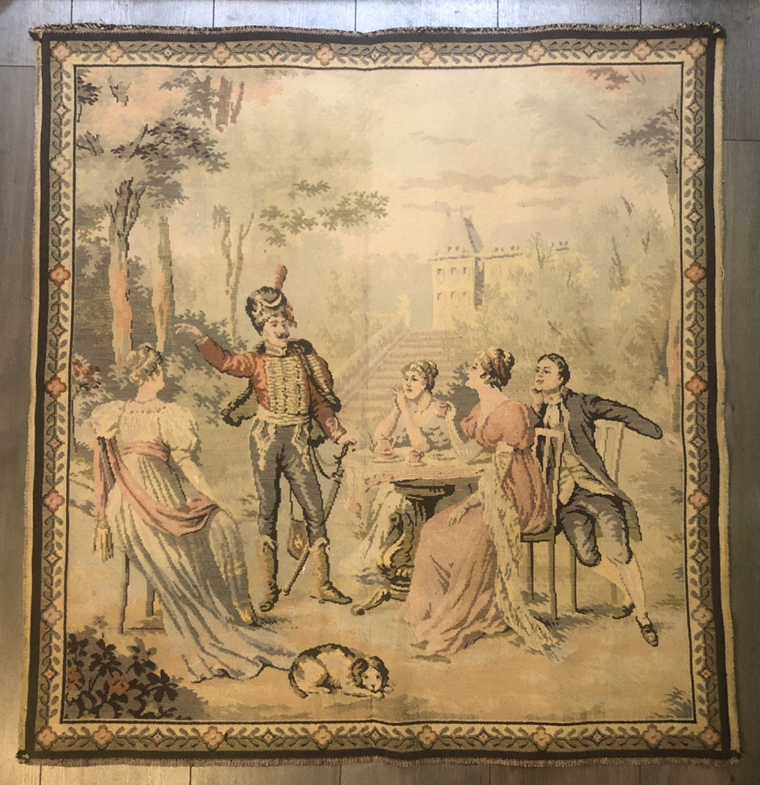 Vintage French Tapestry, Outdoor Gathering on a Patio Scene, 36" W x 38"H
