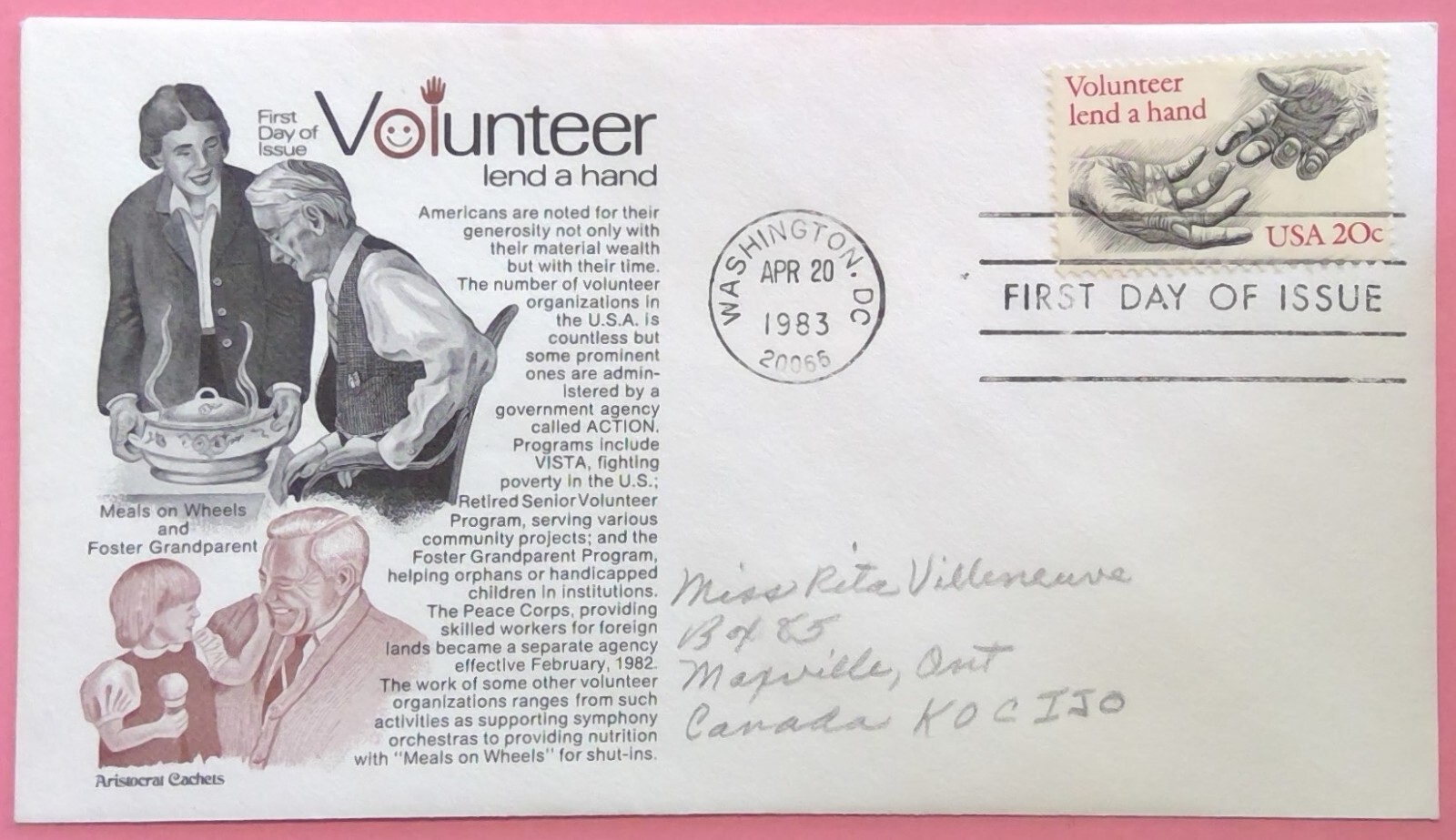 Scott 2039 FDC Volunteerism Volunteer Lend a Hand Aristocrat Cachet ADDRESSED