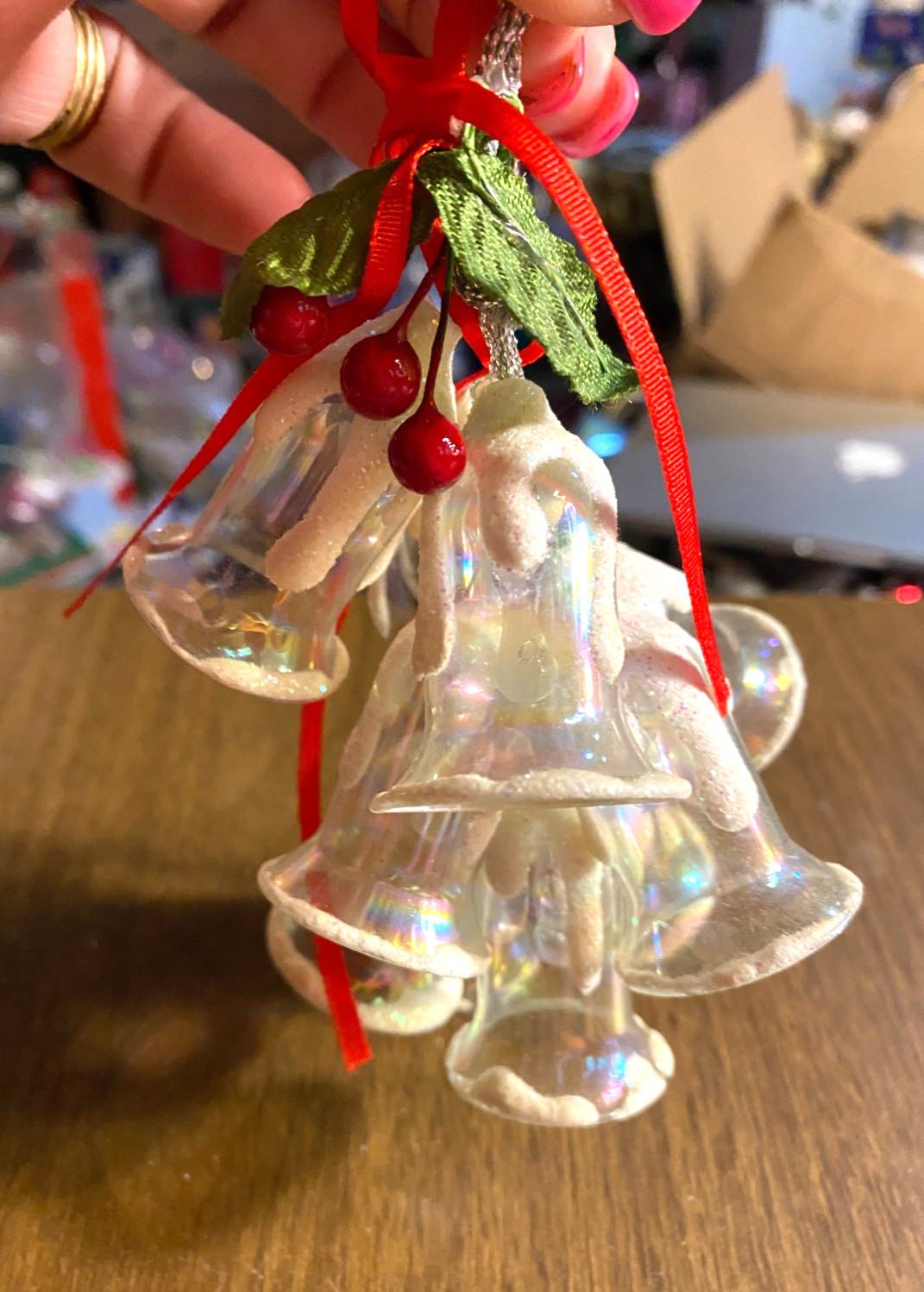 9 Bells Bell Glass Flocked Dangling Christmas Ornament 5"