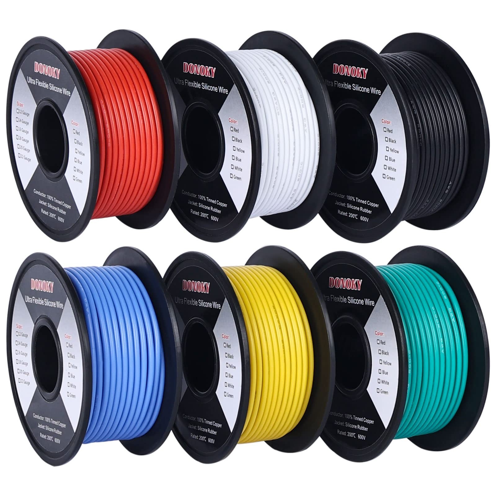 DONOKY 22 AWG Stranded Silicone Wire Kit 360ft - 6 Colors, Flexible, Tinned Copp