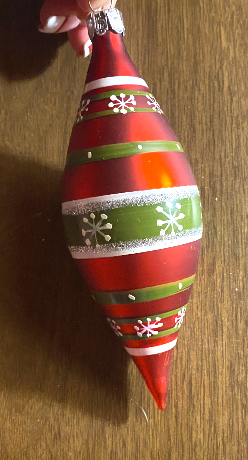 Blown Glass Red Decorated Long Teardrop Christmas Ornament 6.5"