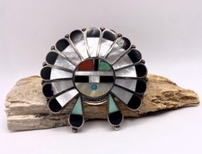 Vintage ZUNI Sterling Silver Inlay Turquoise Coral Jet Sunface Bolo Slide Signed