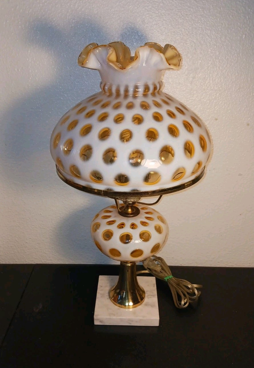 Vintage Fenton Glass Student Lamp Honeysuckle Opalescent Coindot 10" Fitter HTF
