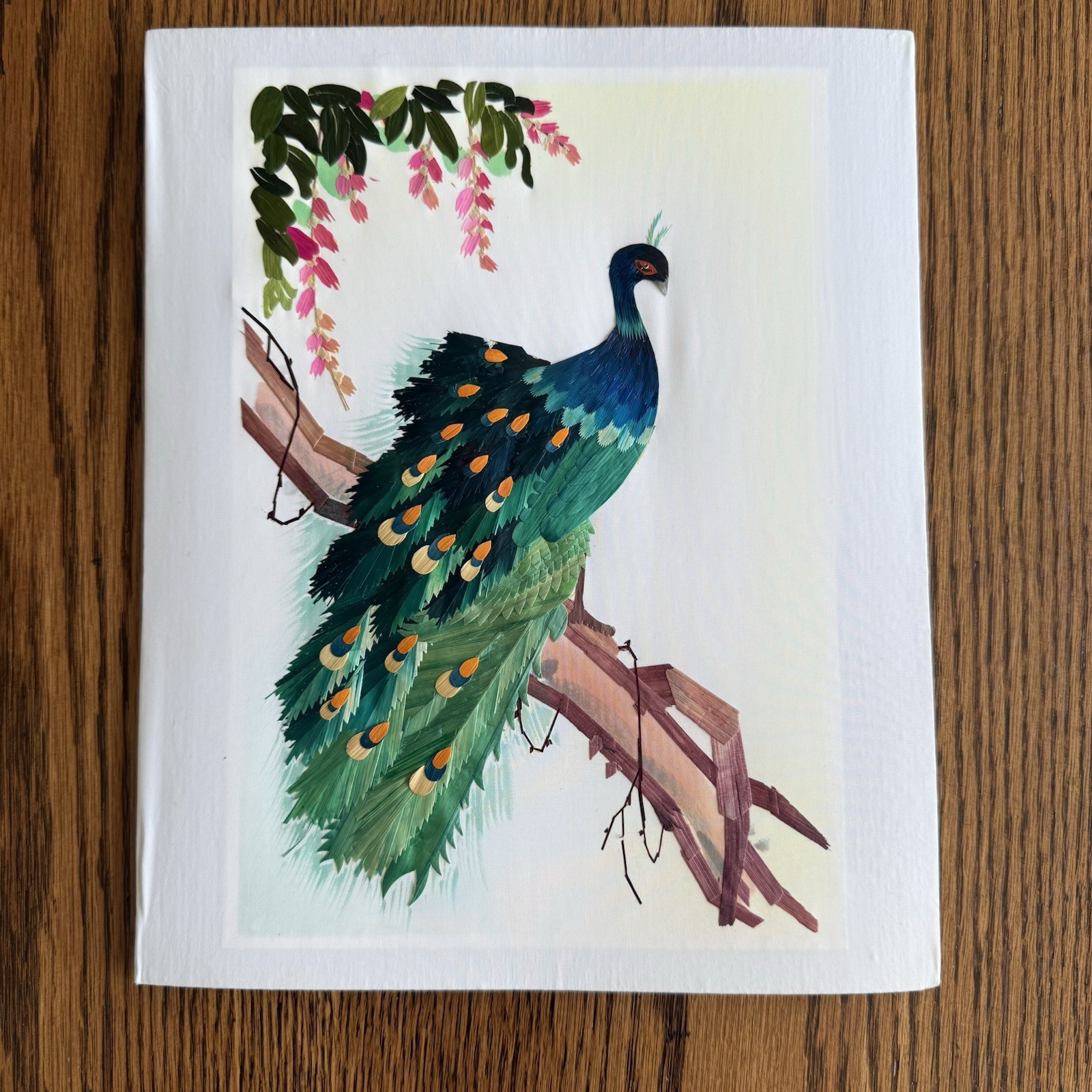 Vintage Asian Hand Cut Painted Wheat Stalk on Silk Peacock -Framed- 9" X 11"