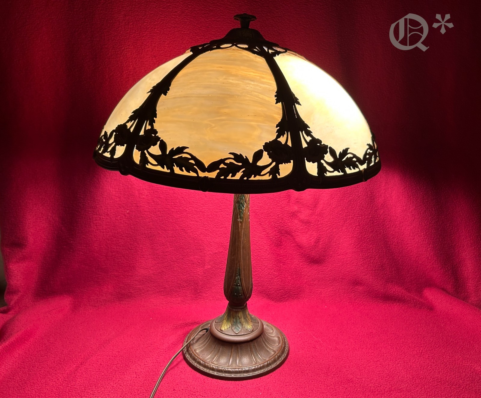 1900s Scenic 6 Panel Caramel Slag Signed Miller Table Lamp Works