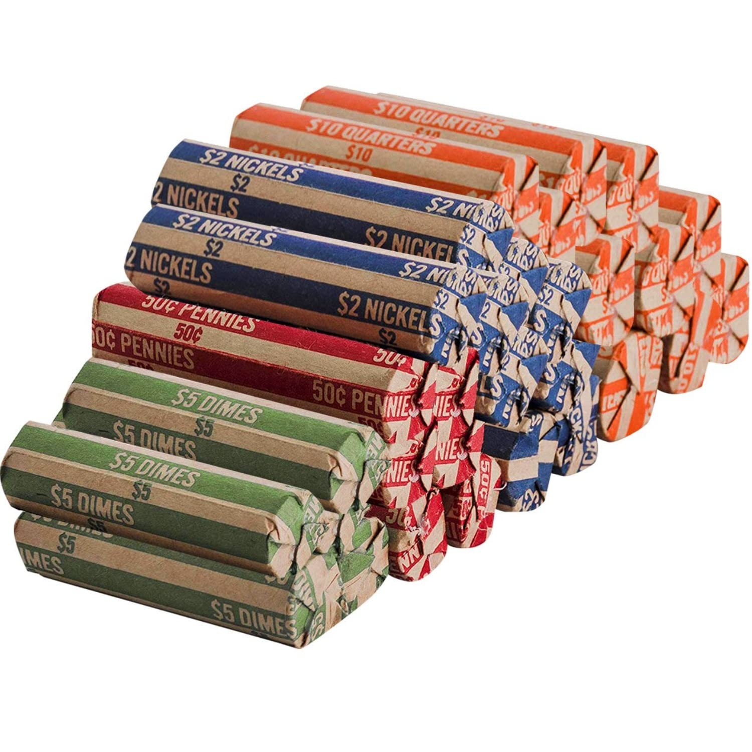 400 Neatly-Packed Flat Coin Roll Wrappers Assorted, Made in USA, (Quarters, D...