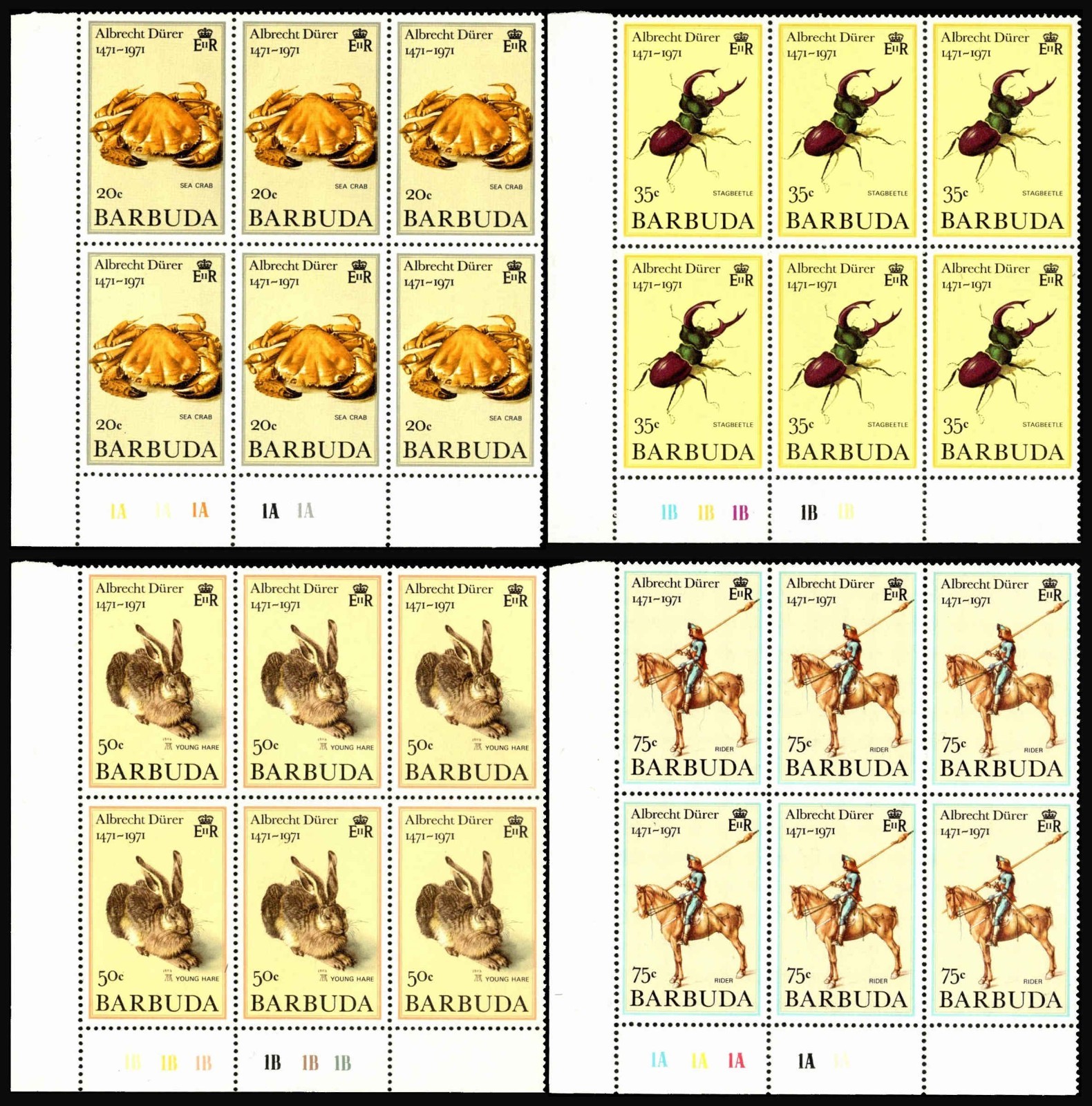 Barbuda 1971 Albrecht Dürer Art Stamp Blocks Crab Beetle Hare Rider MNH