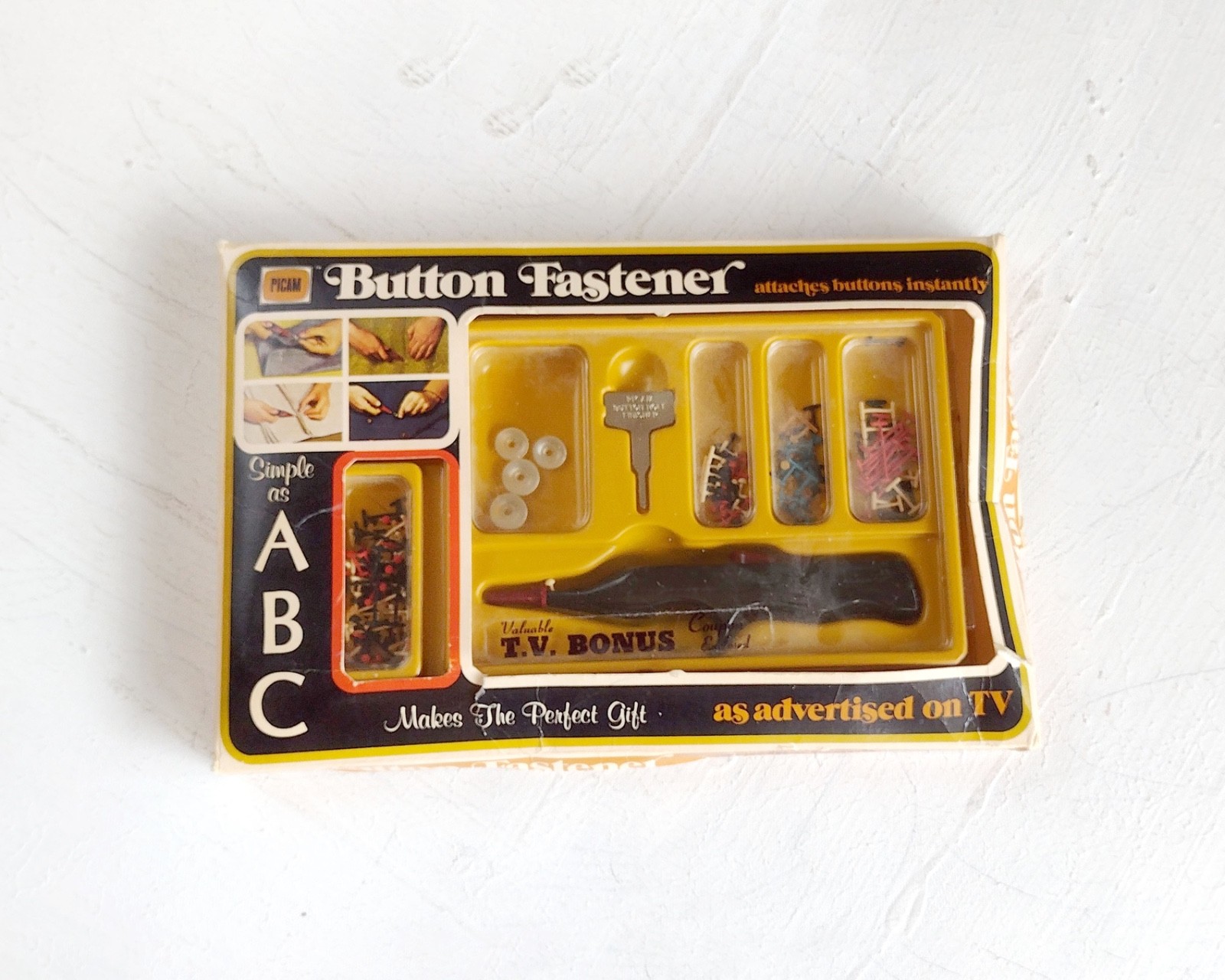 Vintage "As Seen on TV" Button Fastener Kit - Original Box - Retro 70s/80s