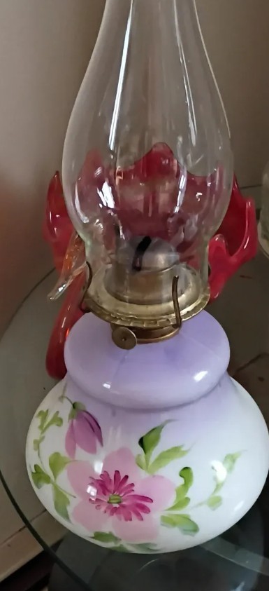 Hand Painted Floral Glass Oil Lamp Purple Pink Green Bell Shade Glossy Finish