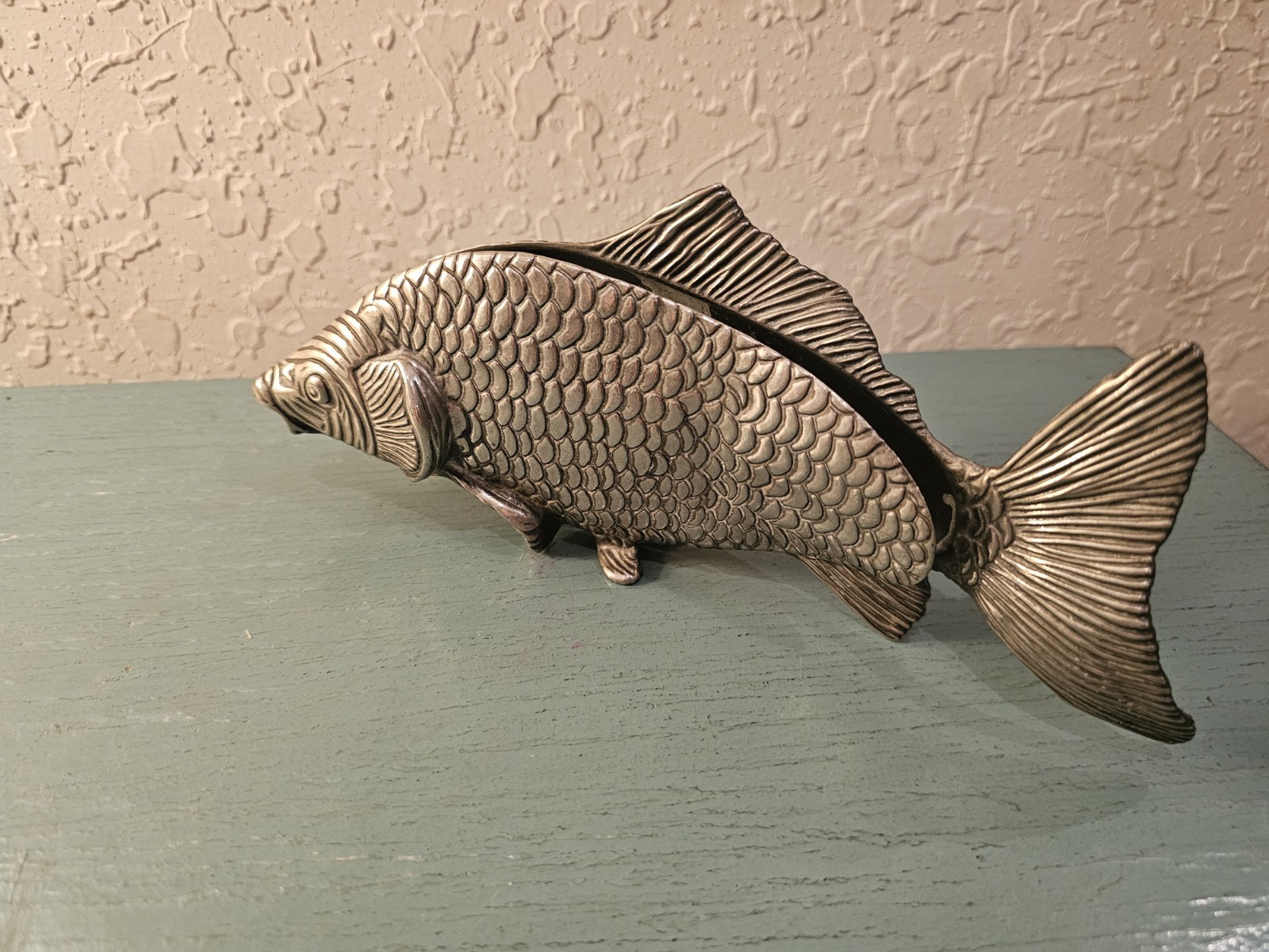 Vintage MidCentury Italian Silver On Brass Fish Letter/PostCard Holder-Excellent