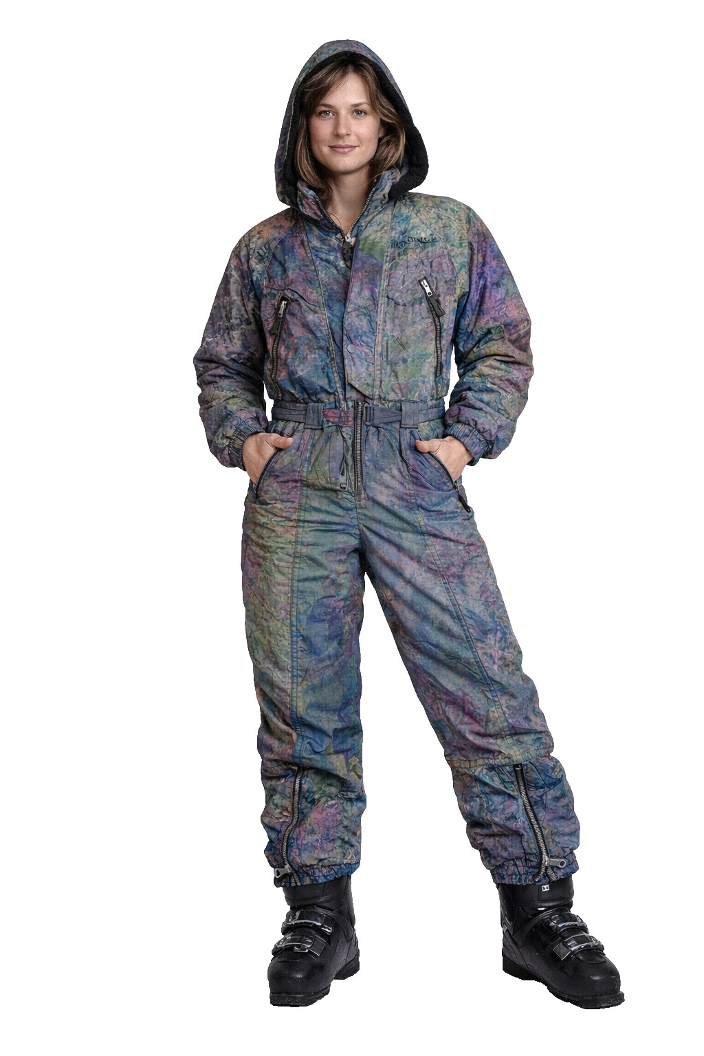 Vintage 90s Rodeo Ski Suit Multicoloured Pastel UK 12 C&A Funky Fur Trim Hood