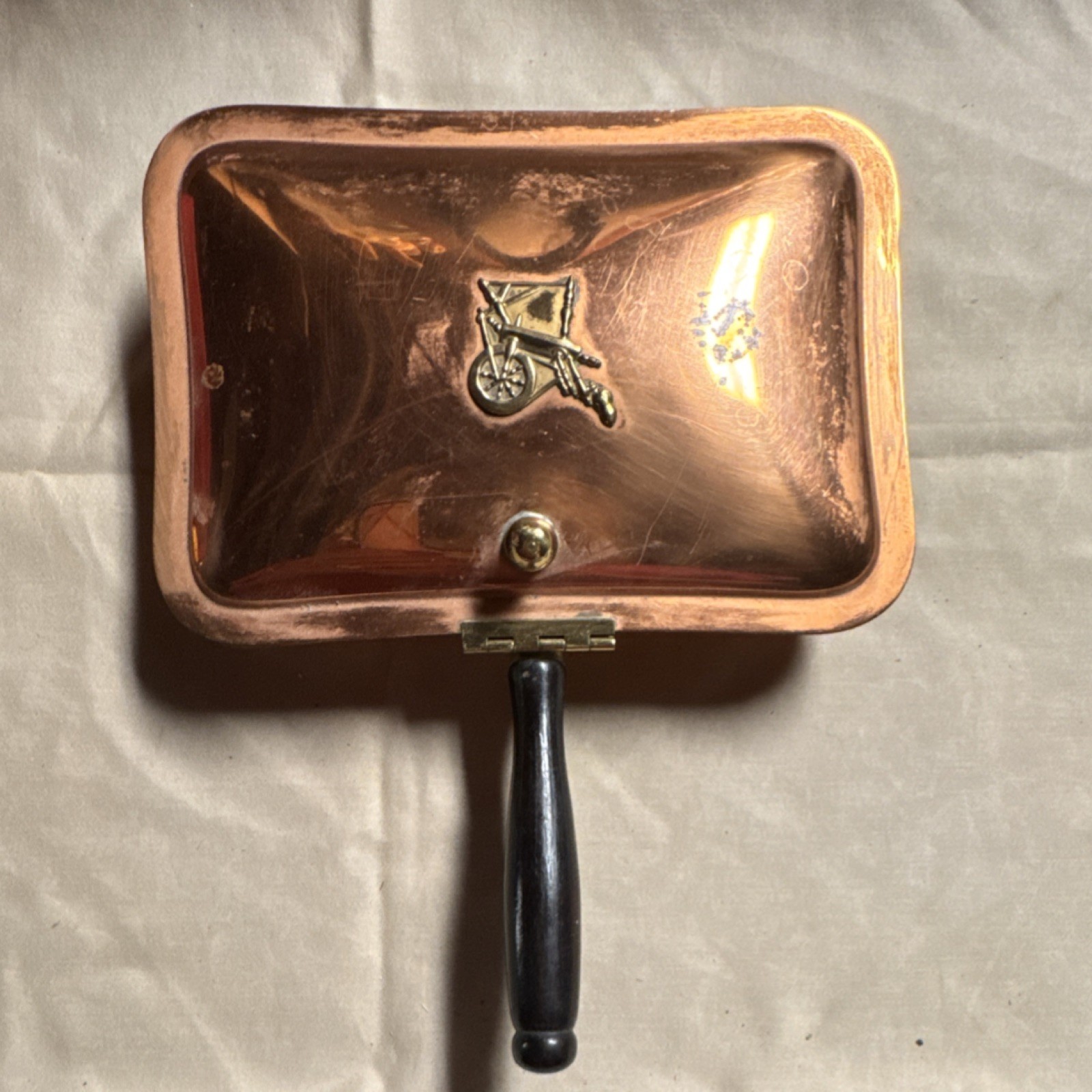 Copper Box Hinged Handle Decorative Spinning Wheel Motif Collectible Metalware