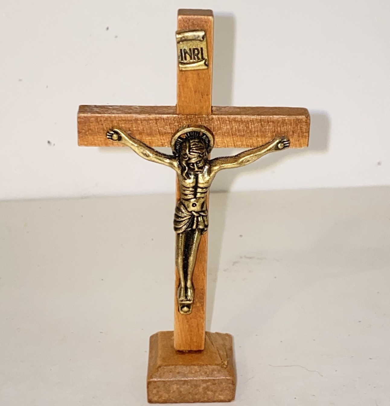 Vintage Crucifix with Stand Wood Cross with Brass Jesus Tabletop Home Decor