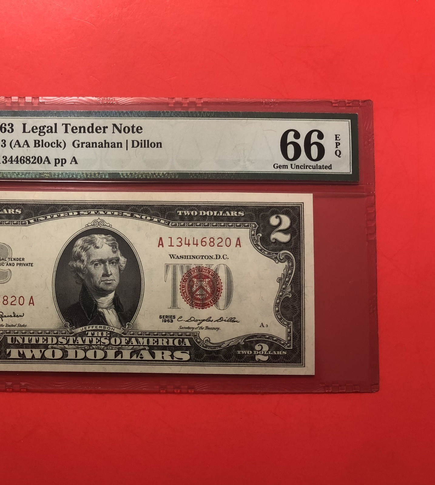 1963 -$2 RED SEAL NOTE,GRADED BY PMG GEM UNCIRCULATED 66 EPQ.