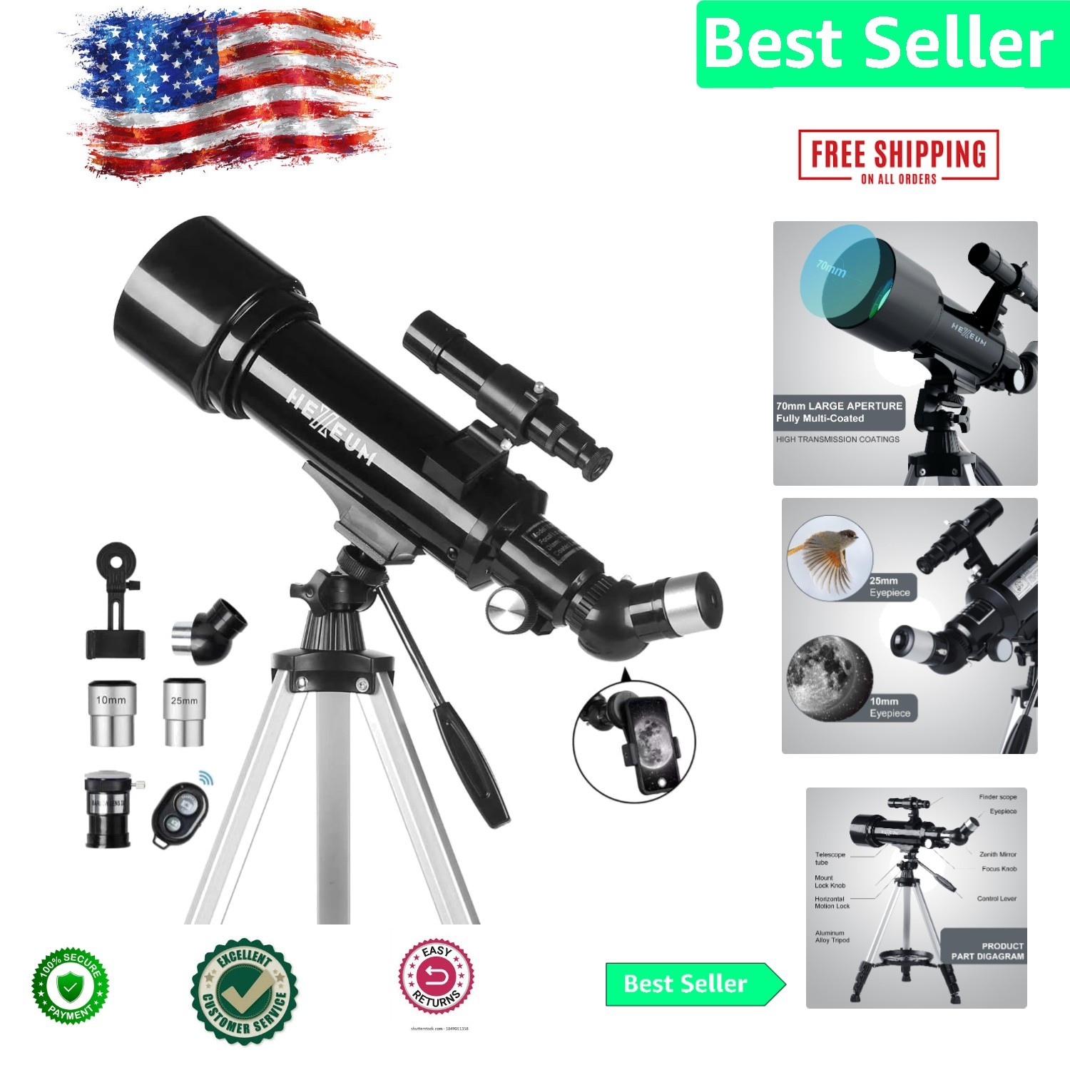 Explore the Universe: 70mm Astronomical Refractor Telescope with Remote & Bag
