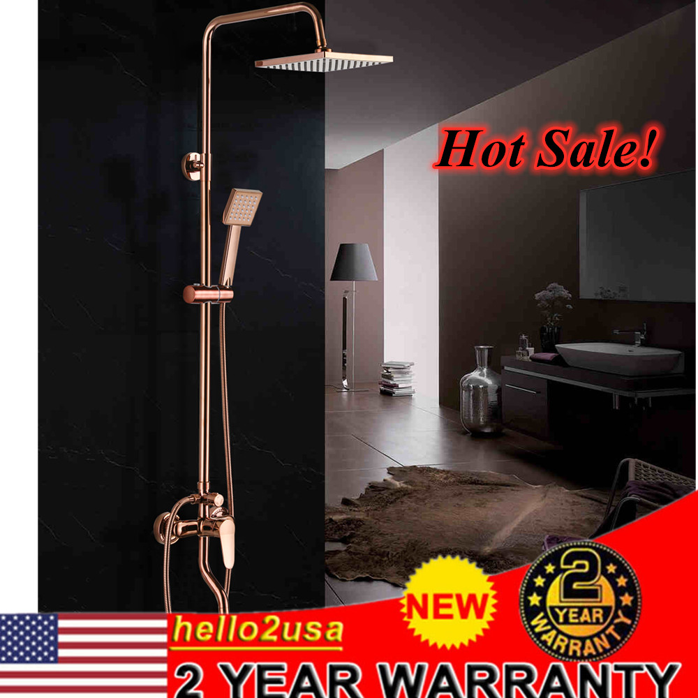 Rose Gold Bathroom Rainfall Shower Faucet Set Tub Mixer Tap with Hand Spray