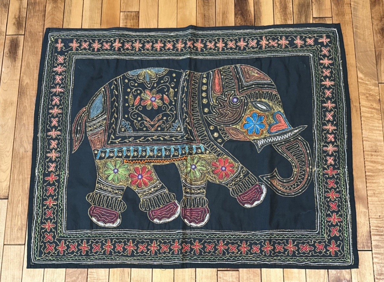 Vintage Embroidered Elephant Indian Table Runner Wall Hanging 28x35” Gold Thread