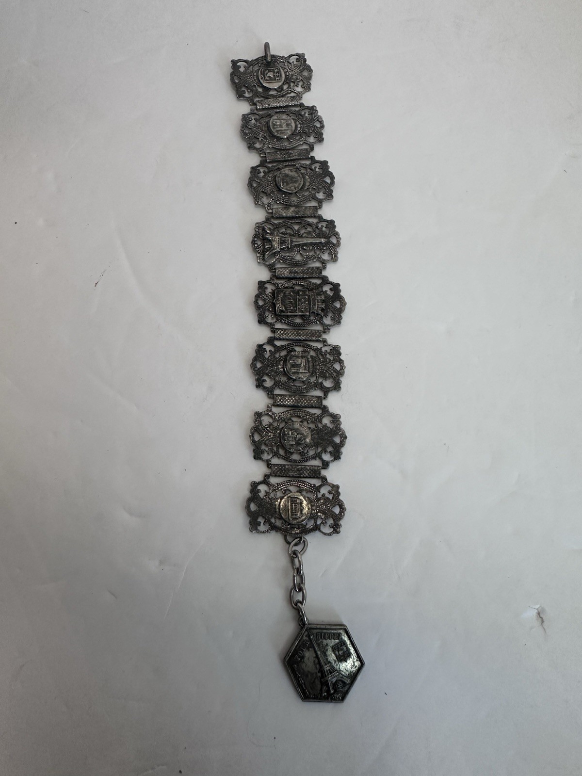 Vintage French Art Deco 1930s Souvenir Bracelet- Eiffel Tower Dangle Paris