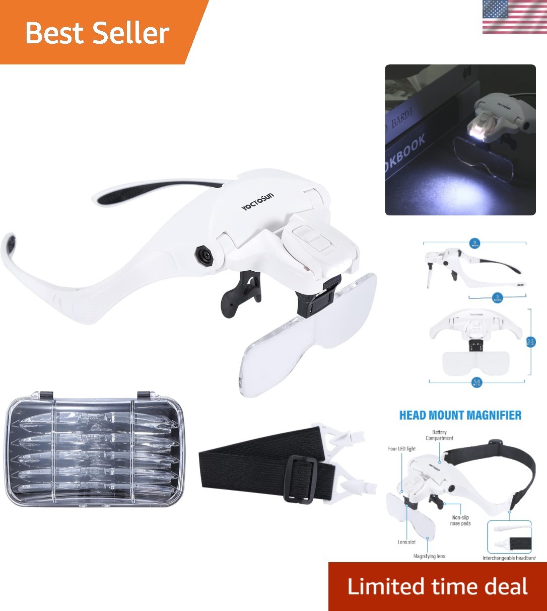 Head Magnifying Visor with 4 LED Lights and 5 Detachable Lenses 1X, 1.5X, 2X,...